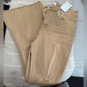 Khaki distressed knee flare jeans